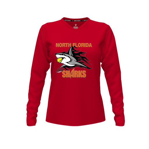 [CUS-DFW-TEES-CMF-VNK-LSL-RED-FYXS-LOGO2] Decker Comfort T-Shirt (Female Youth XS, Red, V Neck, Logo 2, Long Sleeve)