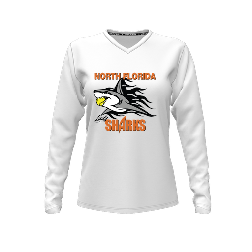 [FTLVPTWH-FYXS-LOGO2] Decker Performance T-Shirt (Female Youth XS, White, V Neck, Logo 2, Long Sleeve)